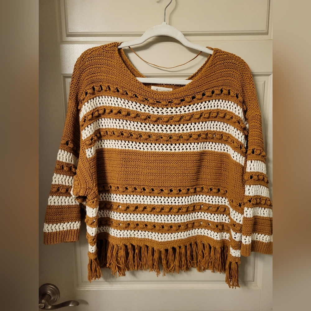 Lou & Grey L Striped Popcorn/Crochet Detail Fringe Oversized Sweater. Worn Once!